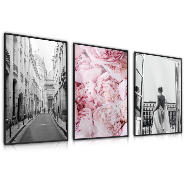 ZESTAW 3x Plakat Piwonie Kobieta Architektura 30x40cm