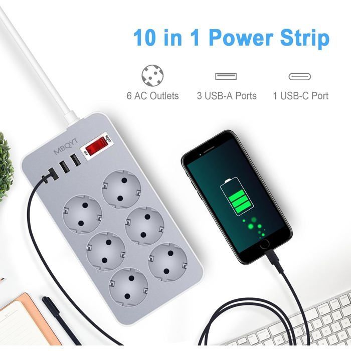 Regleta eléctrica de 6 tomas con 4 puertos USB, cargador de viaje (5V 2A/12W), protector contra sobretensiones, pararrayos y protección contra sobretensiones.