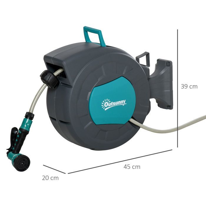 Enrouleur automatique - Outsunny - tuyau arrosage pivotant 180° tuyau 15+1,4 m lance support - plastique - turquoise gris