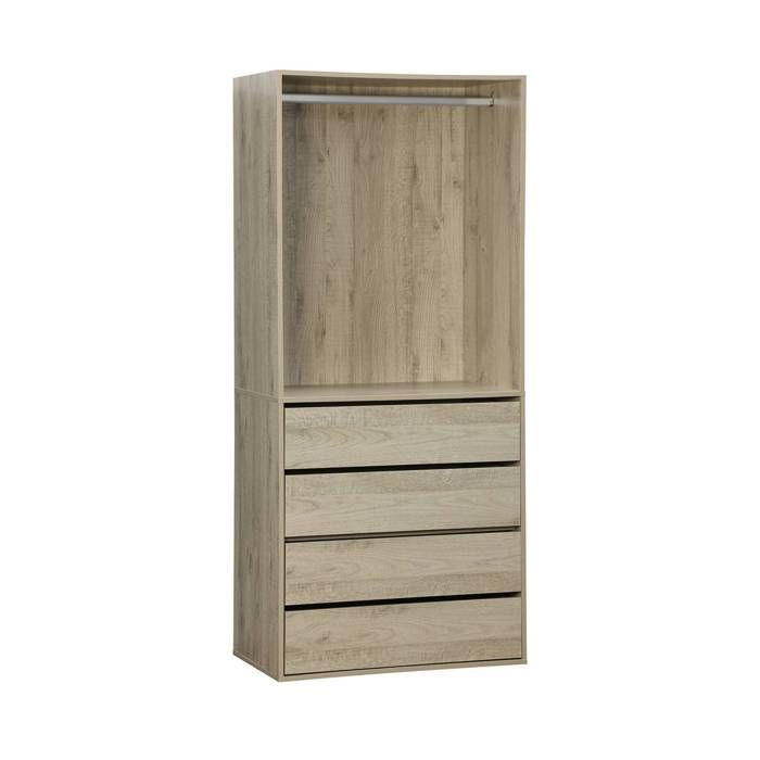 Roupeiro com 4 gavetas e 1 varão para pendurar roupa, em painéis laminados na cor natural.