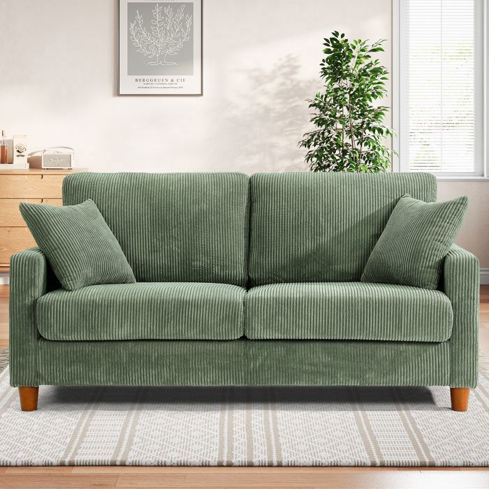 Sofá de 2/3 plazas en pana verde, estilo escandinavo, con 2 cojines y 2 almohadas para salón, patas de madera, 178×76×84cm