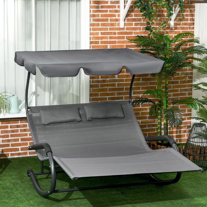 Sonnenliege – Outsunny – mit Sonnendach, abnehmbaren Kopfstützen und 2 Rollen – für 2 Personen – schaukelnd, ergonomisch – schwarz
