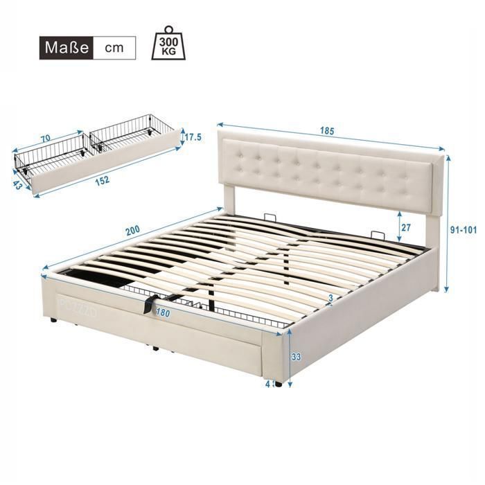 Letto matrimoniale contenitore 180x200 cm in velluto con ampio cassetto, dettagli con bottoni, rete a doghe inclusa, stile scandinavo, beige
