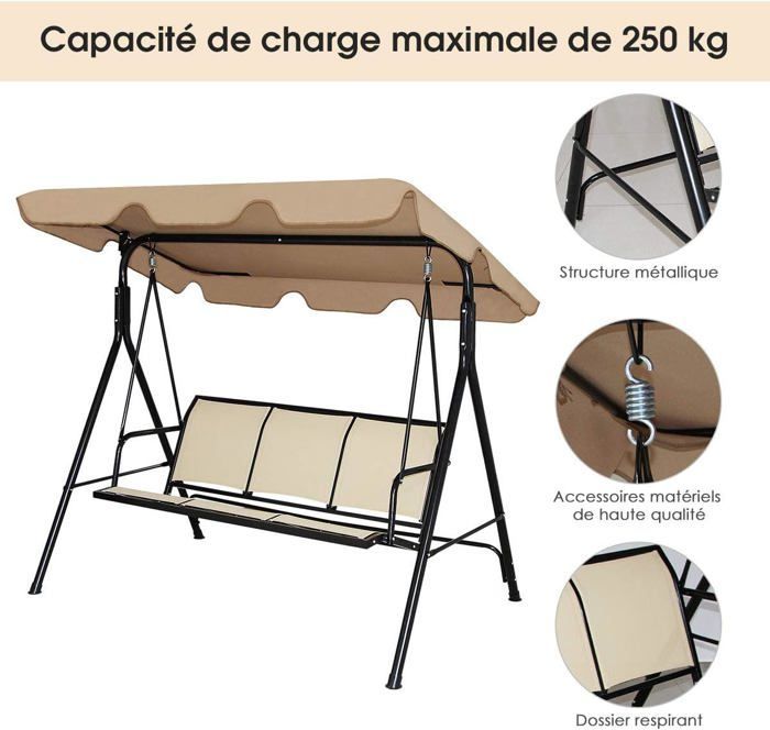 GOPLUS 3-Seater Garden Swing 170x120x153CM, with Adjustable Canopy, Textilene Fabric/Steel Frame, Brown