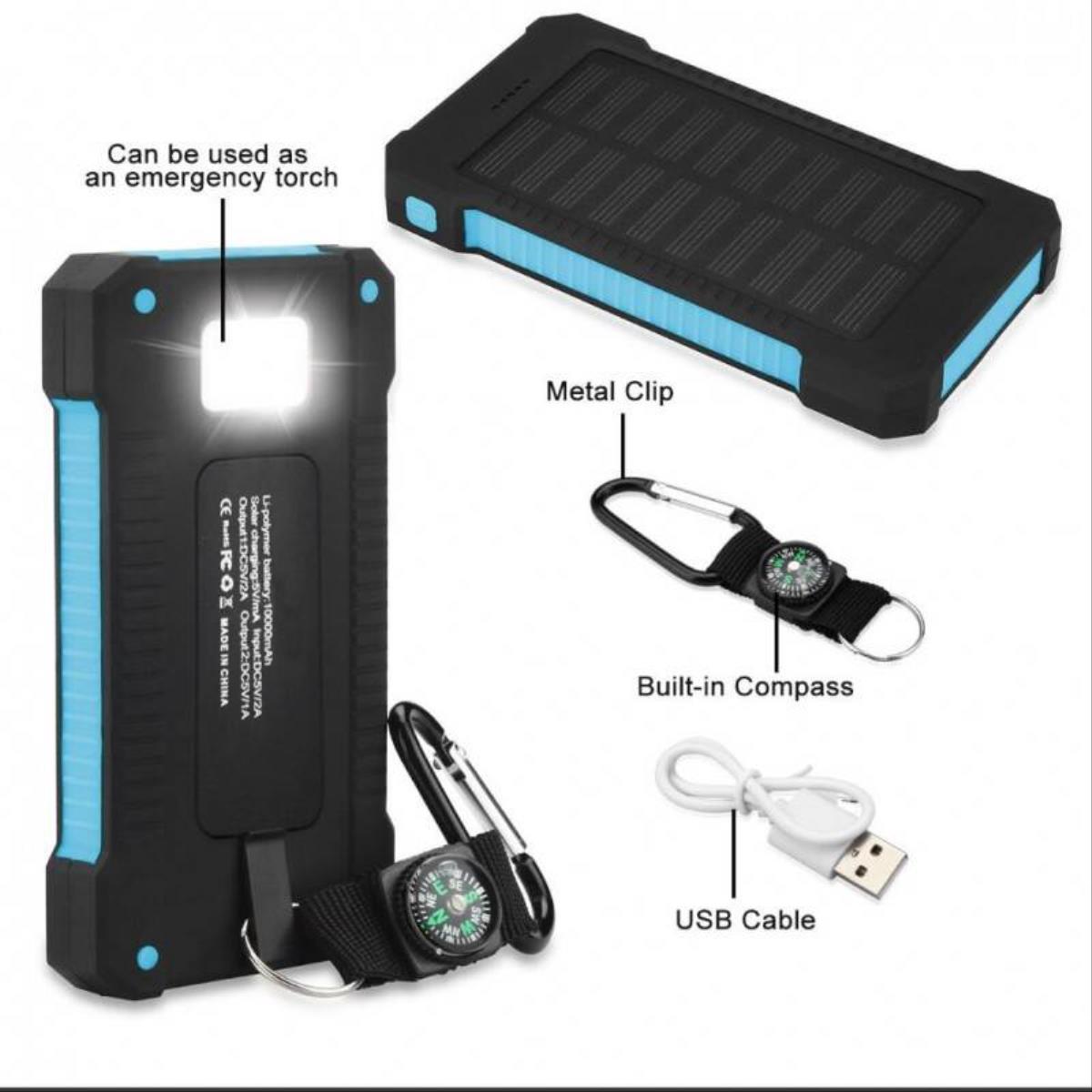 Smartek 10000mAh Solar-Akkuladegerät mit 2 USB-Anschlüssen, Kompass und LED-Taschenlampe