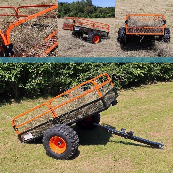 Remolque basculante Wiltec – 2159 x 1219 x 762 mm – Capacidad de 680 kg – Con rejilla y laterales desmontables – Para cortacésped autopropulsado/ATV