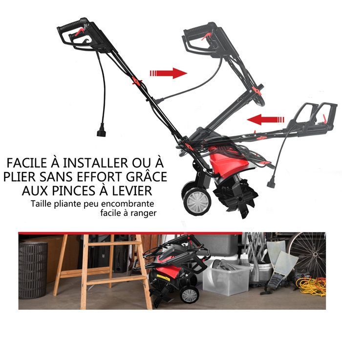 Motobineuse Motoculteur 1500W COSTWAY-Largeur 43cm,Profondeur 22cm-2 Roues Réglables-Bouclier-6 Fraises-Poignée Pliable-Rouge