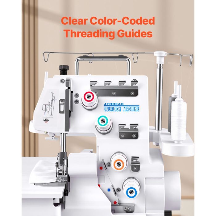 Duoku Overlock-maskin 1250 sting/min - 3- og 4-tråds symaskin - egnet for forskjellige stoffer, med LED-belysning - hvit