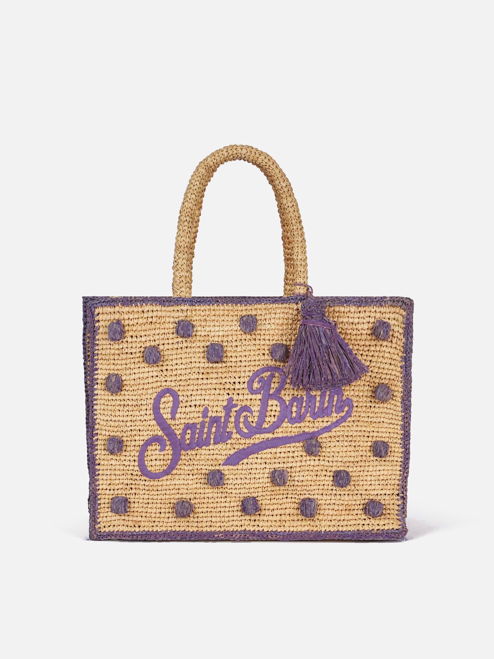Colette raffia tas in stippenpatroon met sponsmotief