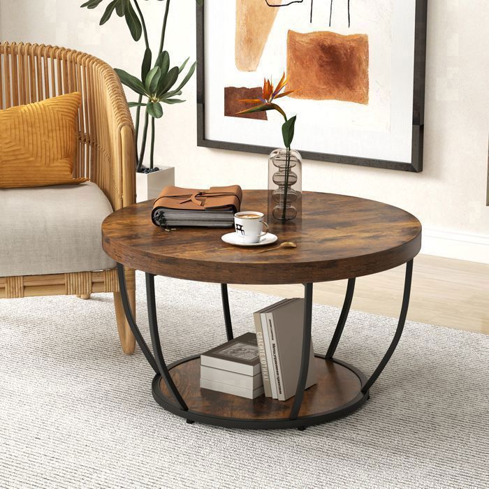 Table Basse Salon 80 cm à 2 Niveaux COSTWAY, Cadre en Métal, Table Basse Bois Table Ronde d'Appoint pour Chambre, Marron