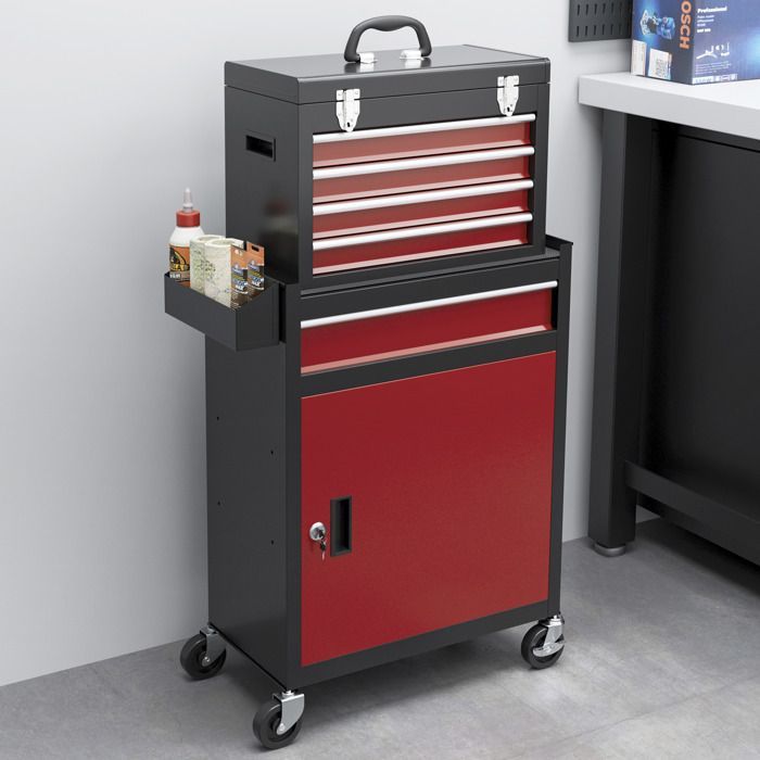 Chariot d'atelier HOMCOM Servante d'Atelier sur roulettes Chariot avec Caisse à Outils Amovible, 5 tiroirs et armoire verrouillable