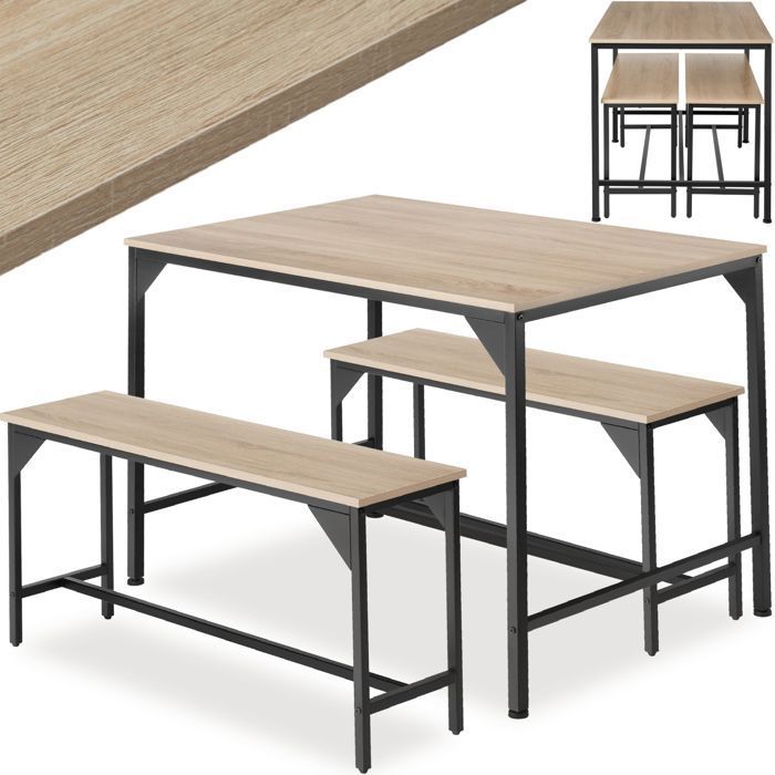 Dining table with benches - TECTAKE - BOLTON dining set with 2 sturdy benches in an industrial style - Light Wood