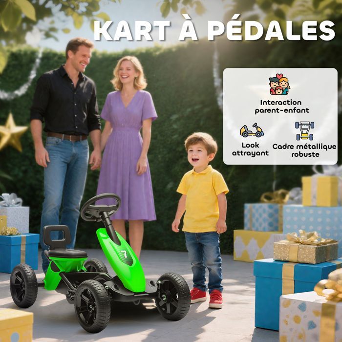Kart à pédales pour enfants - AIYAPLAY - roues EVA silencieux, avancer et reculer - 85,5 x 49 x 57 cm - plastique et métal - vert