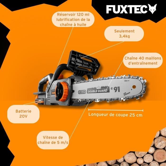 Tronçonneuse batterie - FUXTEC FX-E1KS20 - 20V Guide 10 pouces - Set batterie 2Ah et chargeur 2,4A