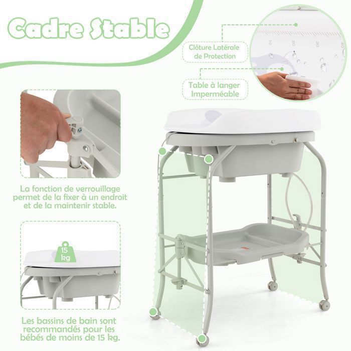 Cambiador para bebés COSTWAY 4 en 1 con bañera plegable de 20 L - 4 ruedas, manguera de 1 m, bandeja de almacenamiento, cojín de PVC impermeable - Gris claro