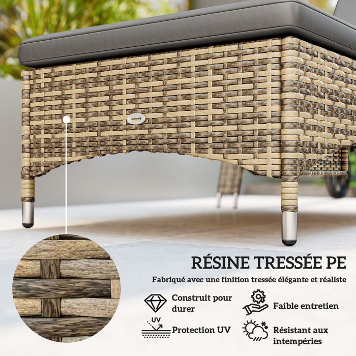Lot de 2 transats - Outsunny - inclinaison réglable multipositions - accoudoirs roulettes table basse - résine PE - gris foncé