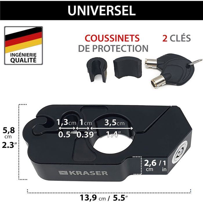 Lucchetto per manubrio moto - STAMPATO - KR720B - Lucchetto per leva freno - Sistema a scatto - Alluminio - 13,9x5,8x2,6 cm - Nero