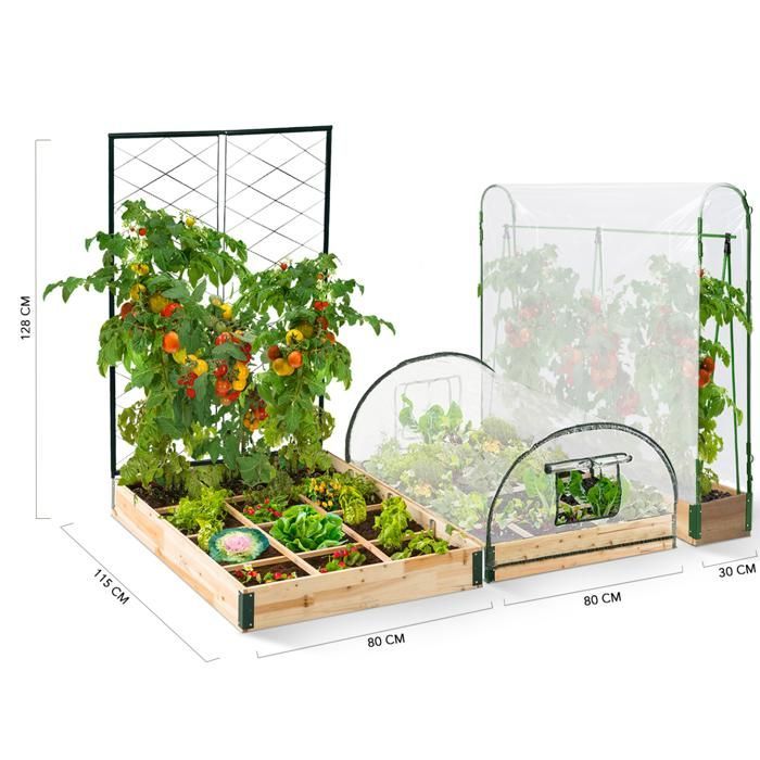 IDMARKET Kit completo de 3 bancales elevados cuadrados modulares e invernadero para tomates + enrejado + cubierta