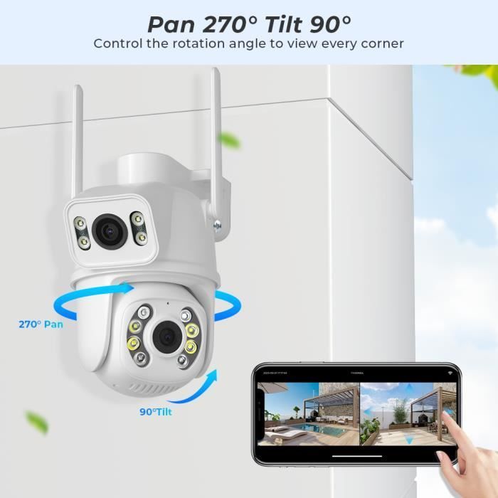 Camera de Surveillance WiFi Exterieure, Surveillance de Securite 6Mp  Double Objectif , Vision Nocturne couleur IP66