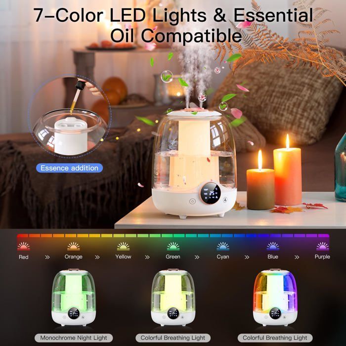 Humidificadores de 3 litros para dormitorios: 30 horas de autonomía, ultrasilenciosos (20 dB), doble boquilla.