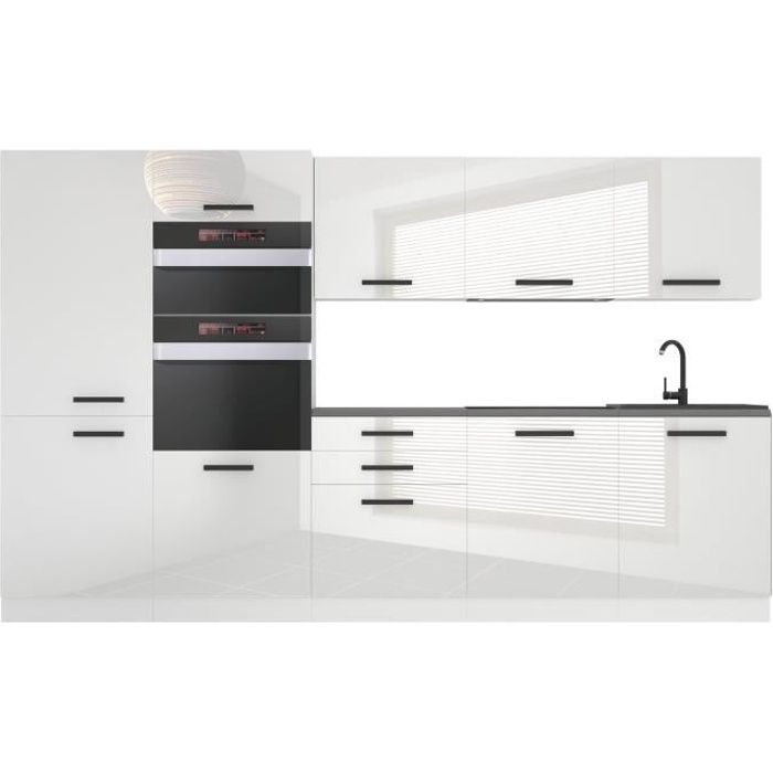 Belini Cuisine Equipee Complete GRACE Muebles de Cuisine Complets - 300 cm.  Avec Plan de Travail, blanc très brillant
