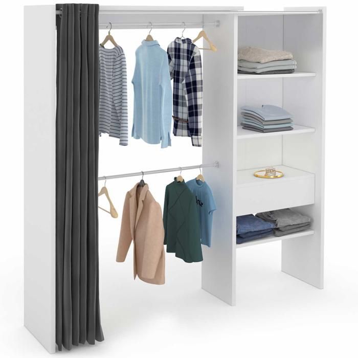 Guarda-roupa extensível IDMARKET MARTY 120/170 x 50 x 180 cm branco com prateleiras + cabideiro duplo + cortina cinza