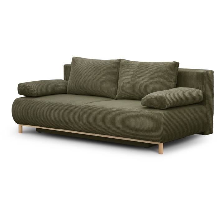 Sofá conversível de 3 lugares - MIKA - Veludo cotelê verde cáqui - Compartimento de armazenamento - L 192 x A 84 x P 93 cm