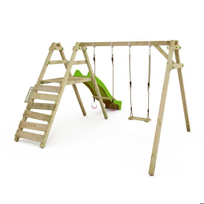 Portique bois FATMOOSE JollyJack XXL avec double balançoire, toboggan 220 cm et échelle – 10 ans de garantie*