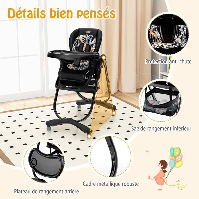 Silla alta plegable para bebé COSTWAY con respaldo reclinable, altura ajustable, bandeja extraíble sin BPA, apta para bebés de 6 meses en adelante, 4 ruedas giratorias, color negro.