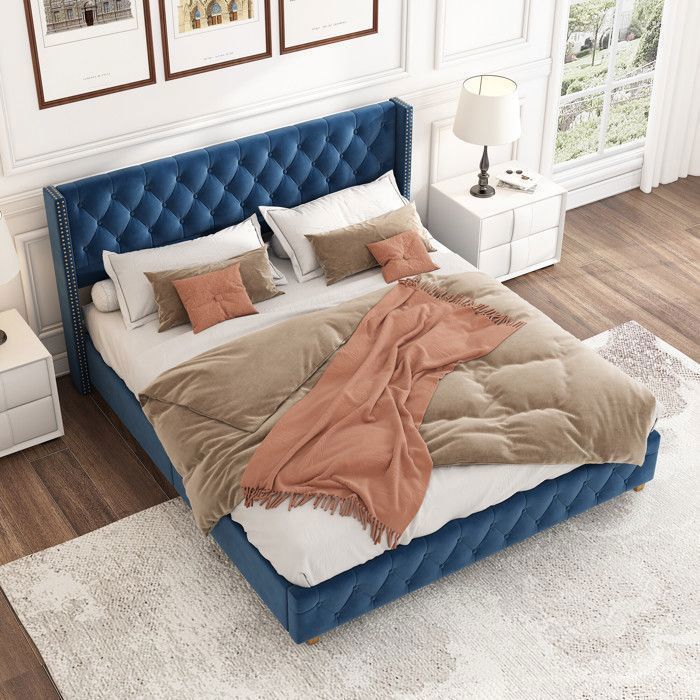 Cama de casal para adultos - TKOPY - Cama estofada 160x200 cm, com estrado de ripas, veludo azul