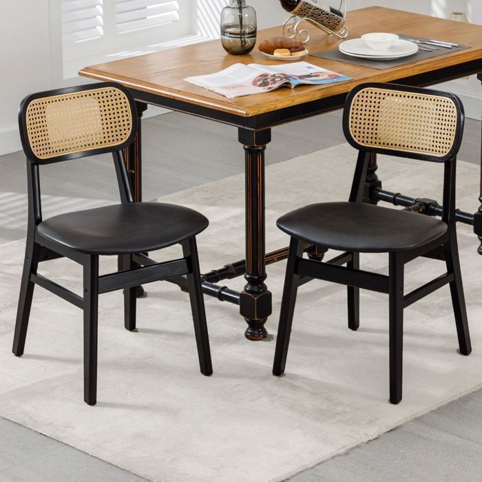 Wahson Chaise de Salle à Manger Lot de 2 Chaise Salle à Manger Bois Rétro et Rotin, Chaise de Cuisine pour Salon, Cuir PU, Noir