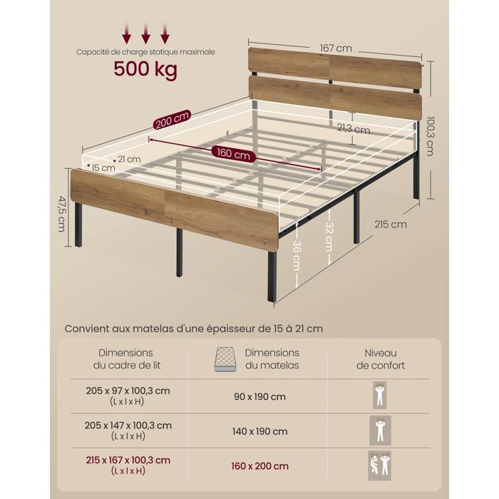Struttura letto VASAGLE 160x200 - LED - USB - Contenitore - Stile industriale - Marrone naturale