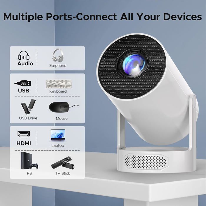 Proyector portátil TRAHOO - Compatible con 1080p/4K - WiFi 6 de doble banda - Bluetooth 5.0 - Rotación de 220°