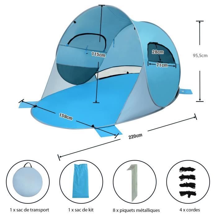 Tienda de playa plegable GYMAX con bolsa de transporte, ventanas, protección solar, capacidad para 3-4 personas, ideal para picnics y viajes, color azul.