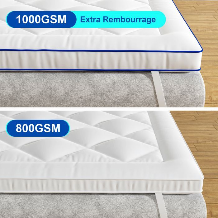 Cubrecolchón CASABEL Comfort de 160 x 200 cm, microfibra transpirable, antideslizante con bandas elásticas - Relleno de 1000 g con ribete.