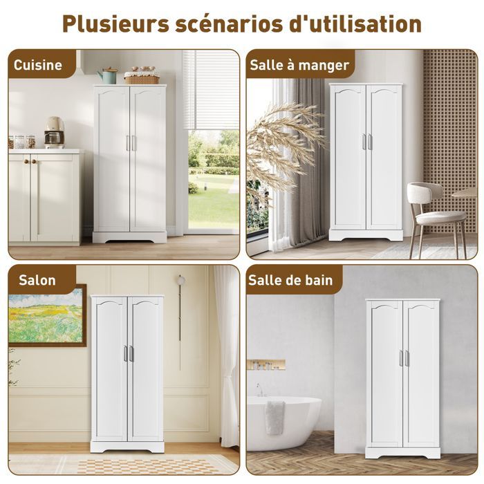 Küchenbuffet – MODERNLUXE – 60 x 35 x 128 cm – LED-Sensorbeleuchtung – 2 Türen – 5 verstellbare Einlegeböden – Weiß