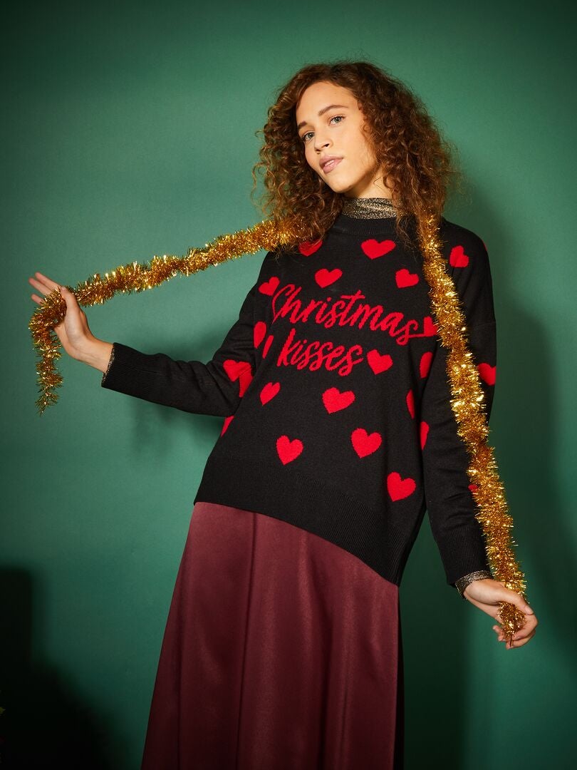 Kersttrui met hartjes - ZWART
