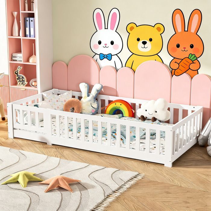 Letto per bambini 90x200 - Letto a pavimento per bambini con sponde di sicurezza - Legno massello di pino - Letto basso Montessori con base a doghe - Bianco