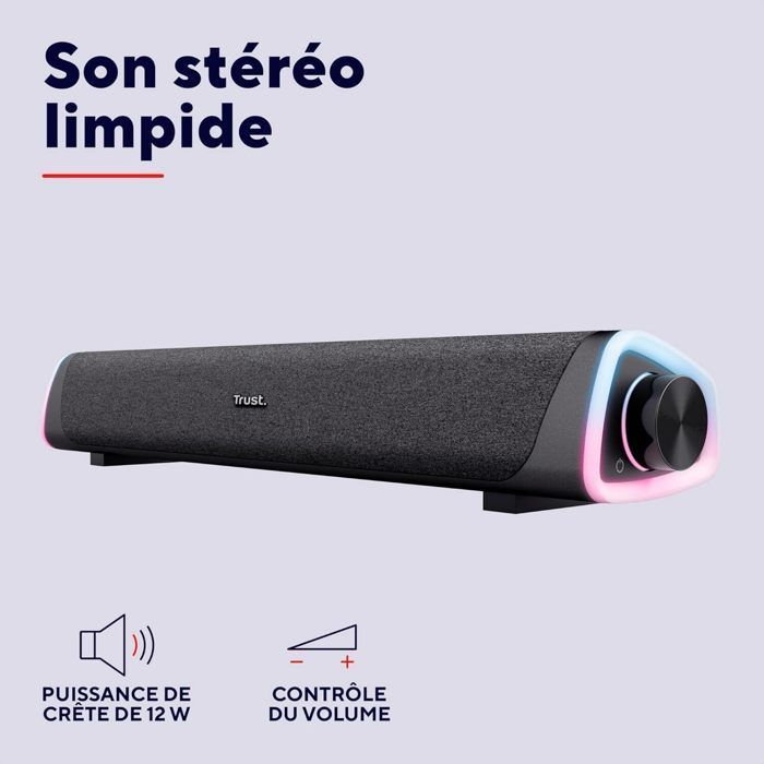 Trust Liro Barre de Son PC 12W, Enceinte PC avec Éclairage LED RGB, Connexion 3.5mm, Alimentation USB, Haut Parleur Compact, Noir