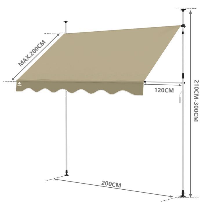 Tenda da sole retrattile manuale VOUNOT® da 200 cm, beige - Non richiede forature - Altezza e inclinazione regolabili - Tenda da sole con manovella