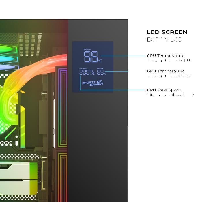 Gaming PC Case - SPIRIT OF GAMER - VIPER CRX DARK - LCD Screen - ARGB Cooling - Tempered Glass Design