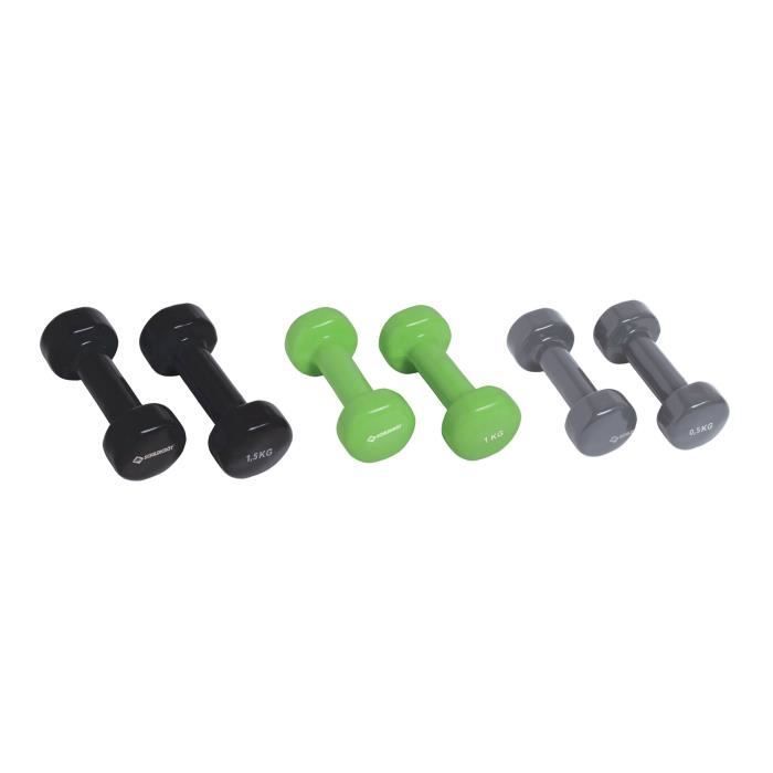 Set d'haltères - SCHILDKROT - 2 x 0,5kg anthracite - 2 x 1,0kg vert citron - 2 x 1,5kg noir - fonte + vinyle - Valise avec poignée