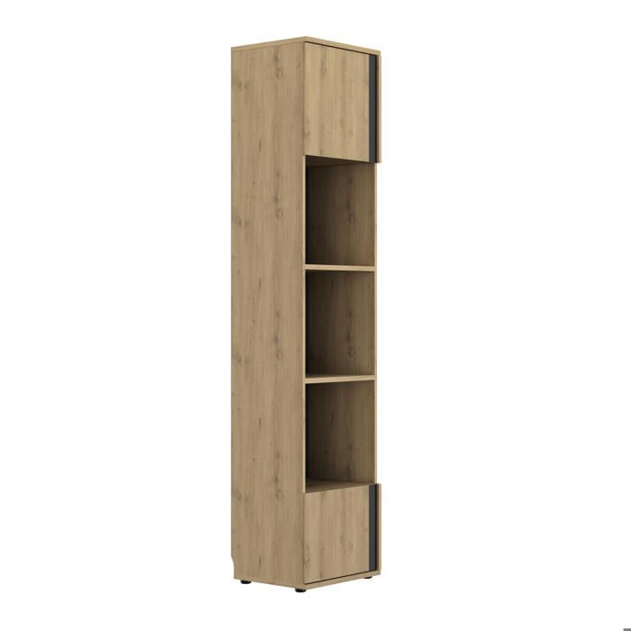 Columna puente de 2 puertas con 3 nichos, 50 cm de ancho, acabado efecto madera de roble beige.