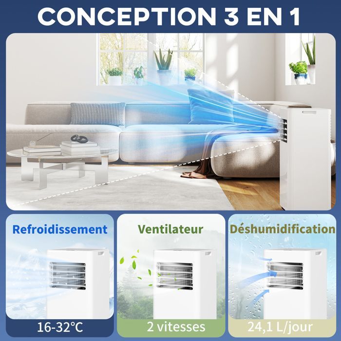 Aire acondicionado portátil HOMCOM - 9000 BTU/H - Ventilador de refrigeración y deshumidificador 3 en 1 - Temporizador y control remoto - Blanco