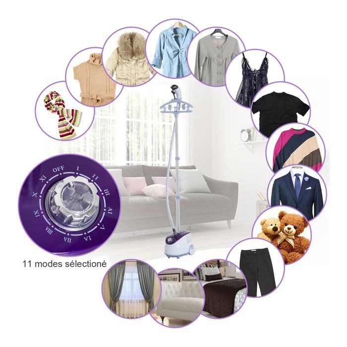 Défroisseur vapeur - HOMCOM - vertical vêtements 1,8 L 1800 W débit 30g/min tige telescopique - ABS - blanc violet