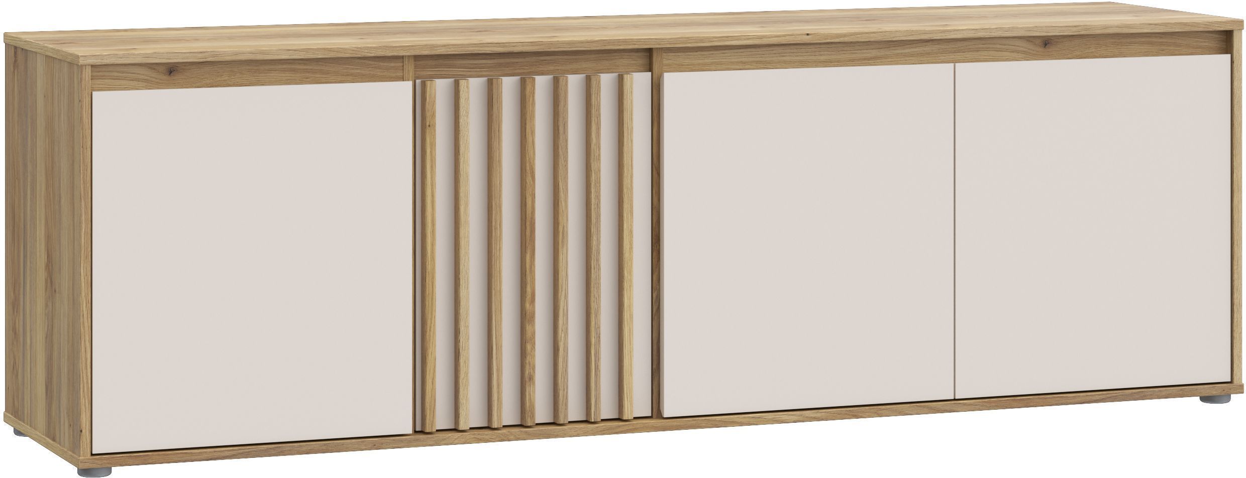 Meuble TV ELISTON – Blanc Mat & Chêne – 4 Portes – 174,3 × 41,5 × 56,1 cm