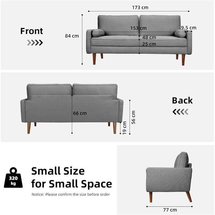 Canapé 3 Places en Tissu  Lin Velours,Fauteuil Scandinave avec 2 Coussins pour Salon,Pied en Bois Massif,77x173x84cm,Gris
