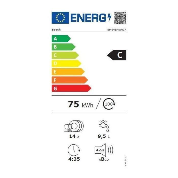 Lave-vaisselle pose libre BOSCH SMS4EMW01F SER4 - 14 couverts - Induction - L60cm - 42 dB - tiroir à couverts - Blanc