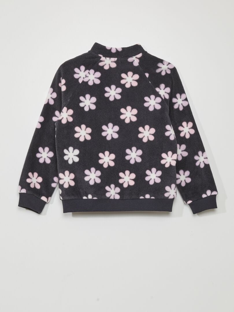 Bedrukte fleece hoodie met rits - ZWART