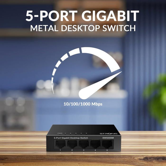 STRONG - Switch Ethernet - 5 porte Gigabit: 10/100/1000 Mbps - Estensione di rete per casa e ufficio - Facile da installare - Metallo